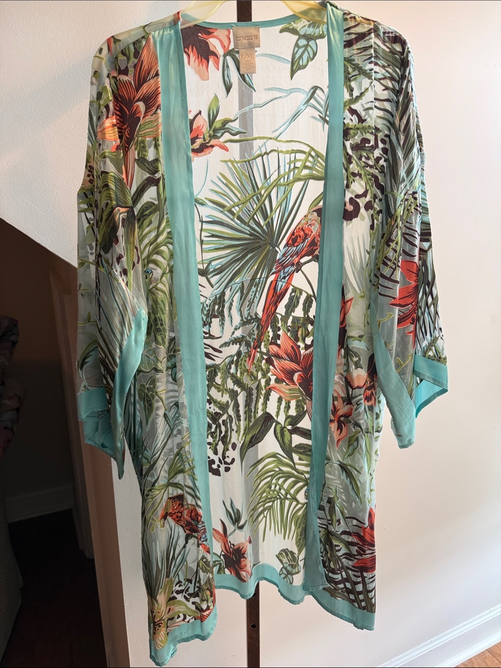 Chico’sTropical Print Open-Front Kimono - Turquoise Accent